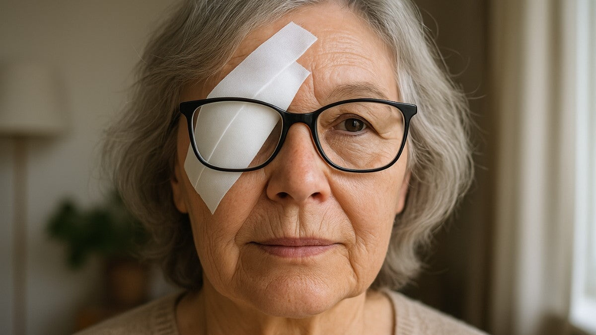 Femme âgée portant des lunettes anti-lumière bleue après une opération de la cataracte.