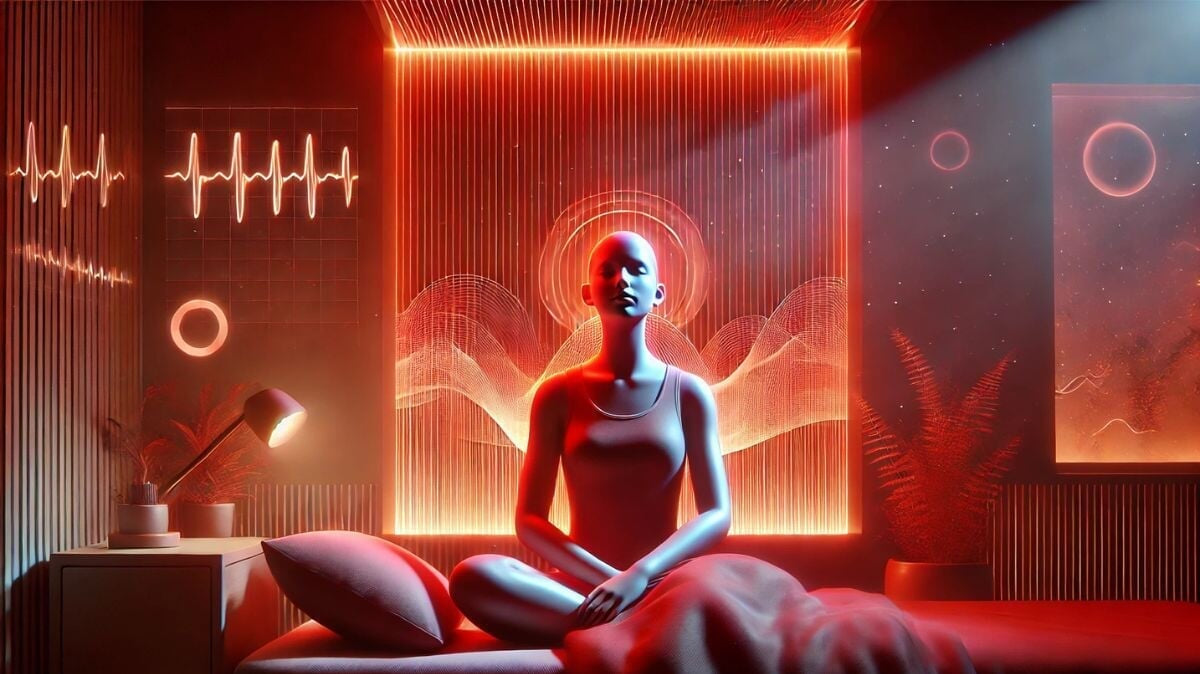 Une illustration numérique des effets de la luminothérapie rouge sur le sommeil et l’humeur.
