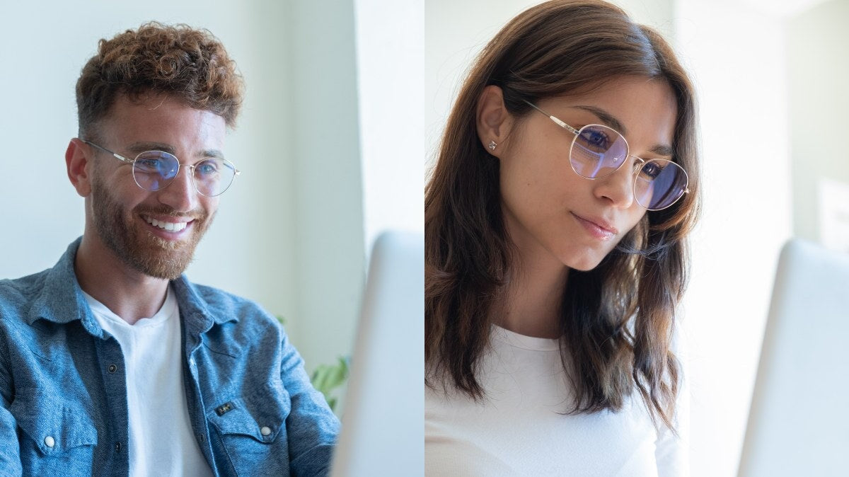 un homme et une femme portant des lunettes anti-lumière bleue Horus X.