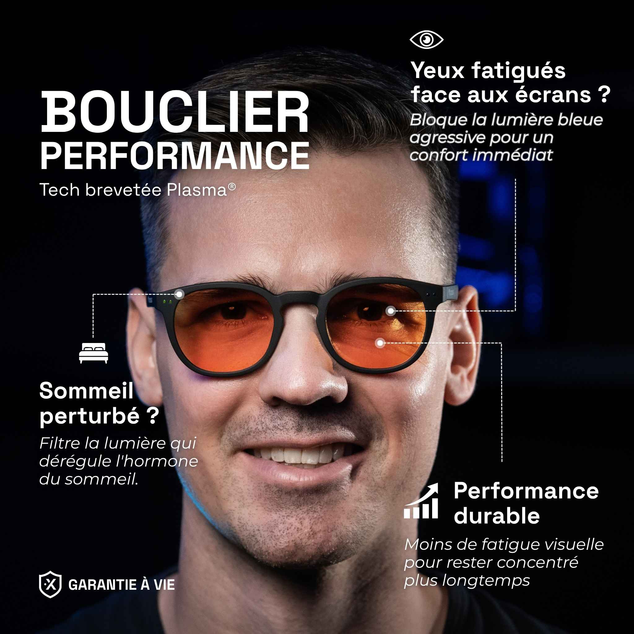 Il nostro co-fondatore Matthieu indossa gli occhiali gaming urban ambrati e mostra i vantaggi: scudo prestazionale, anti luce blu per un miglior comfort e sonno.