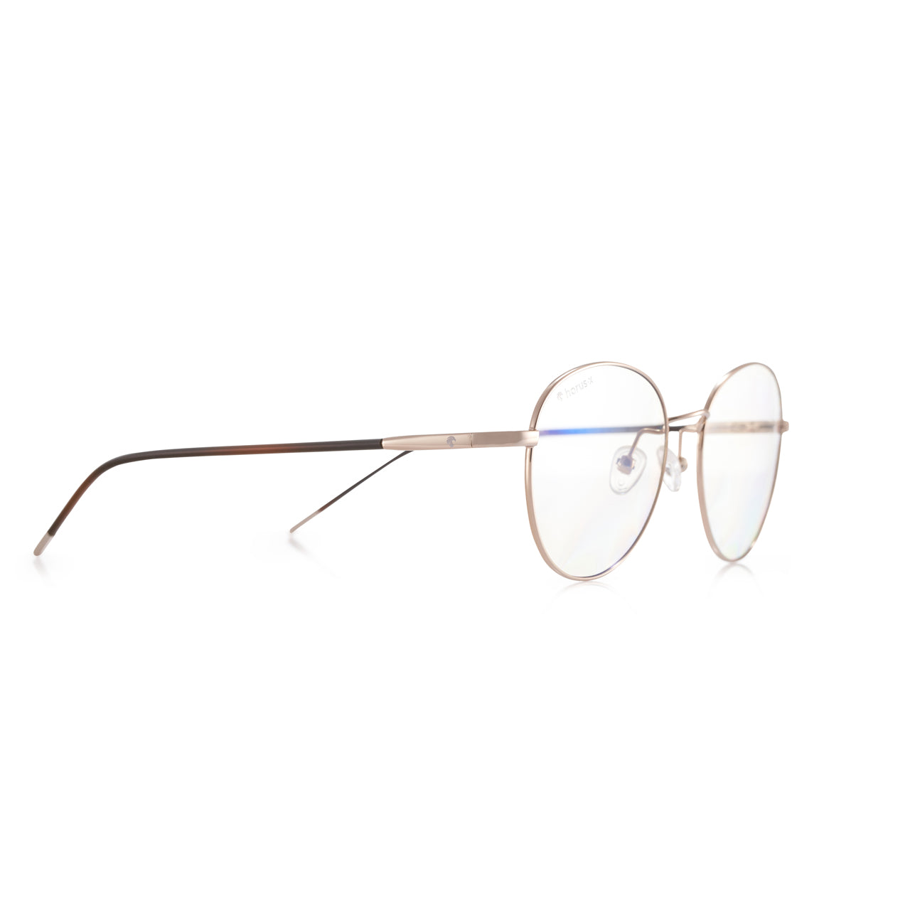 Lunettes anti lumière bleue rondes aux branches marrons, en métal doré, de profil droit sur fond blanc.