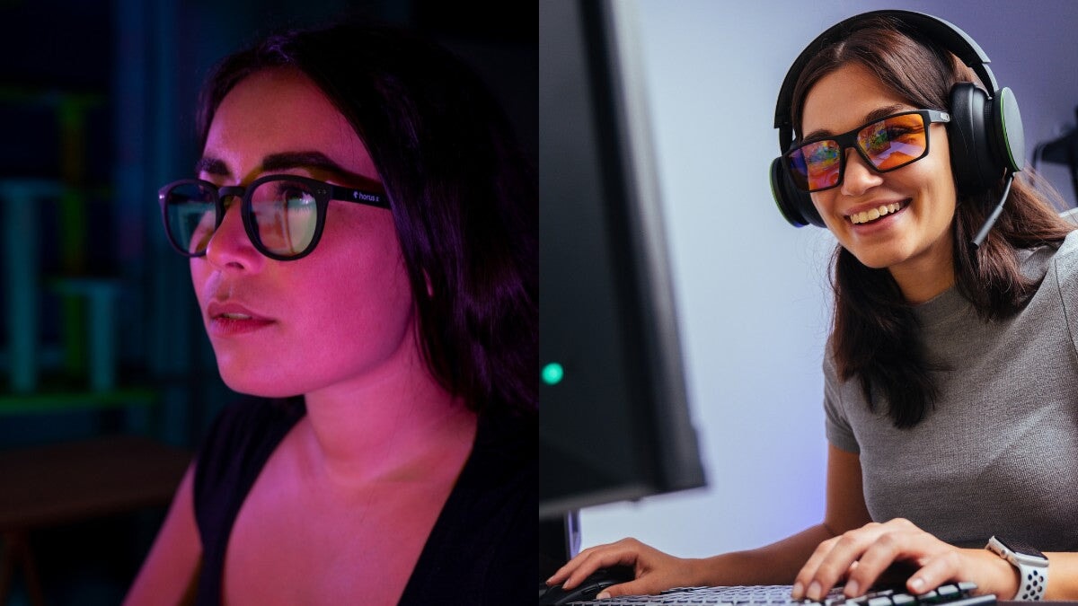 deux femmes portant des lunettes de jeu horus x anti lumière bleue