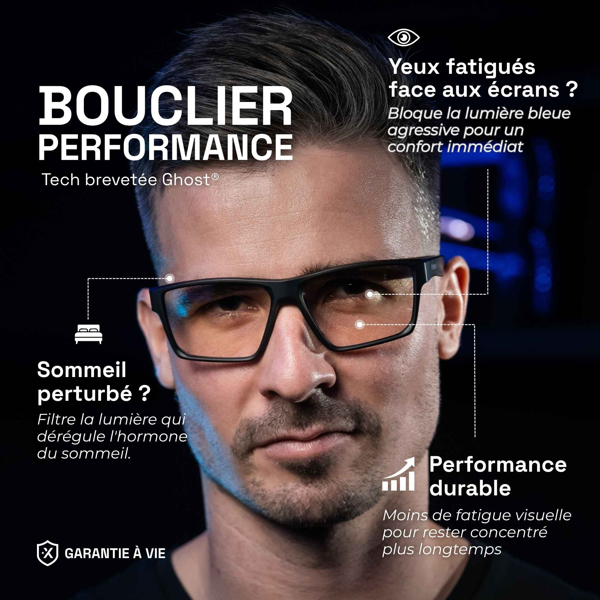Giovane uomo che indossa occhiali da gaming Horus X One con lenti chiare su sfondo nero con descrizione dei benefici del prodotto (occhi riposati, sonno migliorato, prestazioni durature)