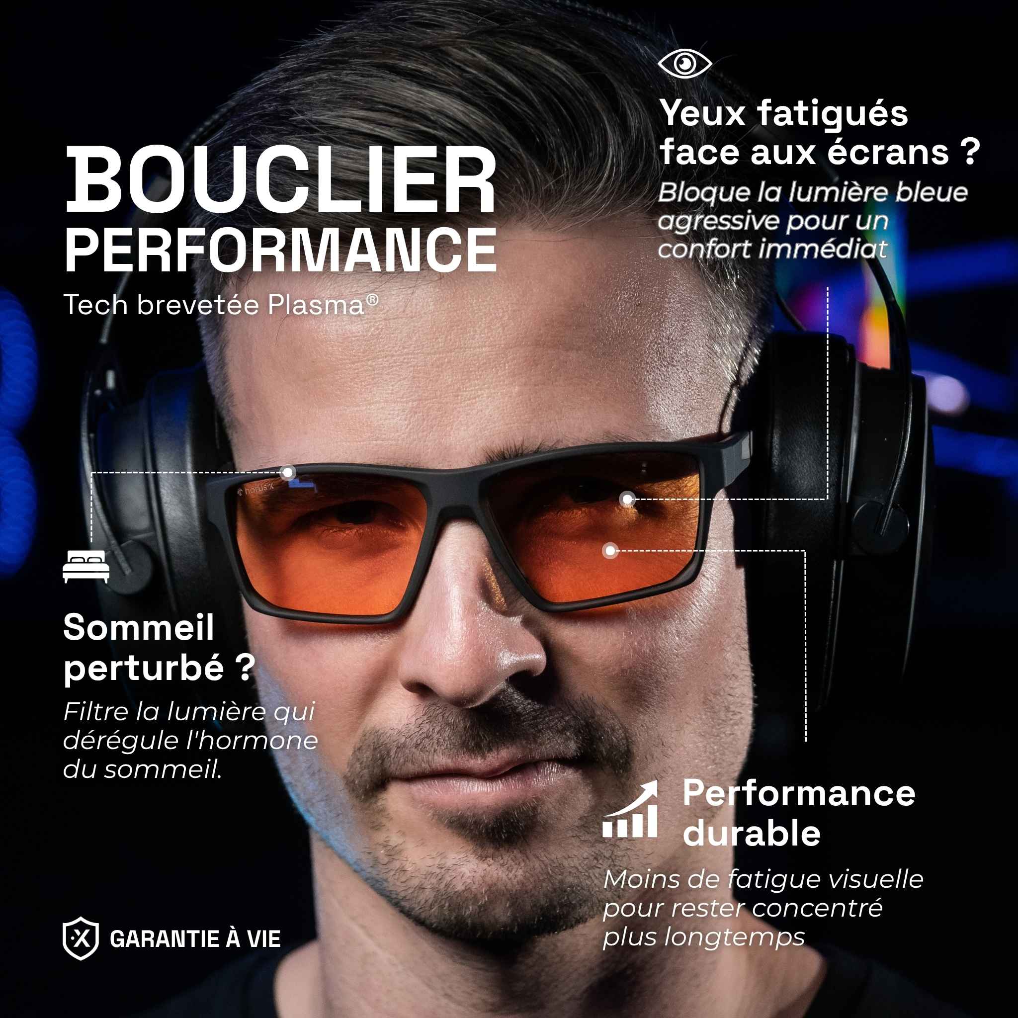 Paul indossa gli occhiali da gaming One Revo con lente ambrata sotto un paio di cuffie. Testo: Scudo di performance, blocca la luce blu per un miglior comfort e sonno. Garanzia a vita.