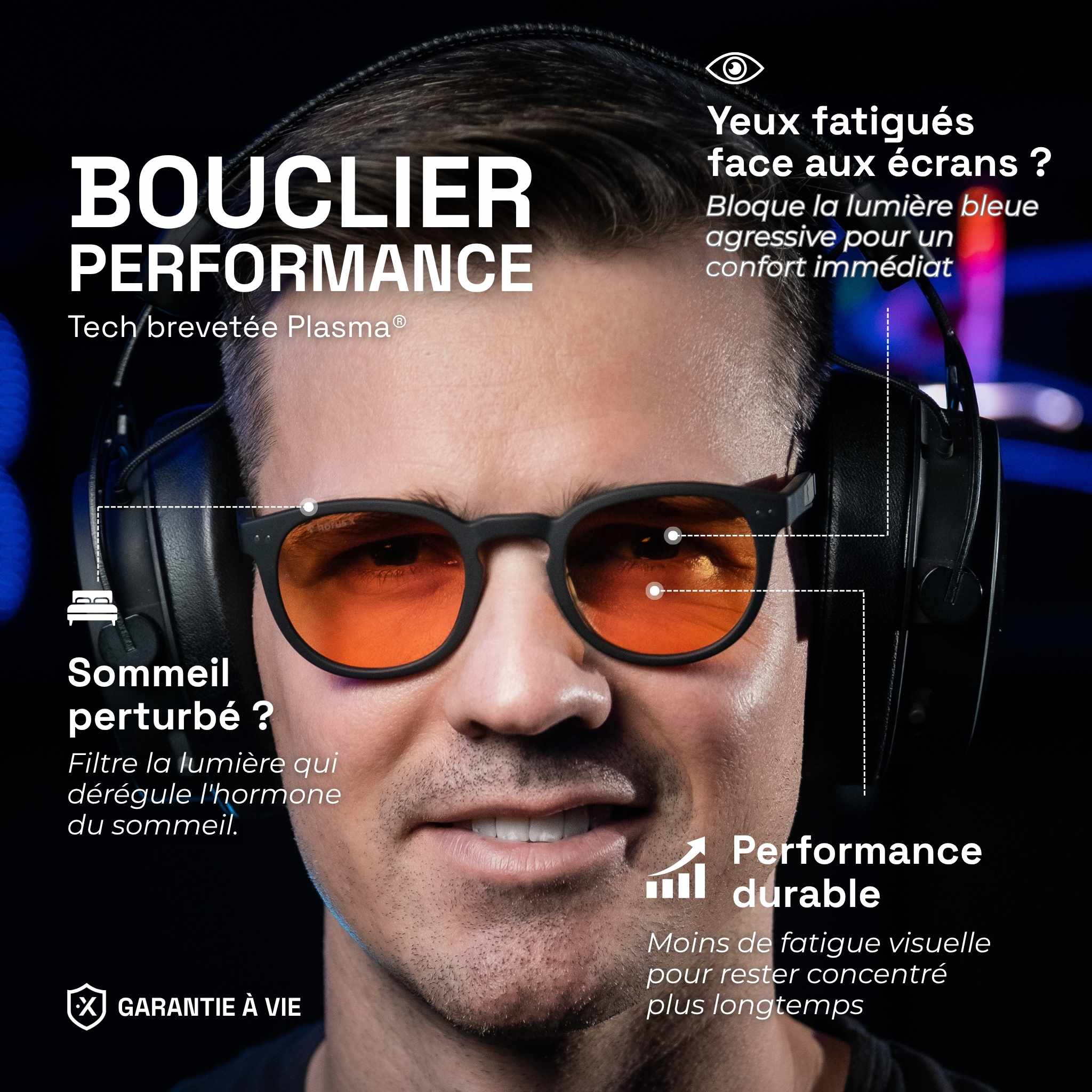 Matthieu indossa gli occhiali da gaming Urban Revo con lente ambrata sotto una cuffia. Testo: Scudo di performance, blocca la luce blu per un miglior comfort e sonno. Garanzia a vita.