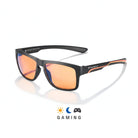 Lunettes gaming pour enfant et ados de 3/4 avec verre anti lumière bleue orangé et monture polycarbonate japonais noire et orange sur fond blanc