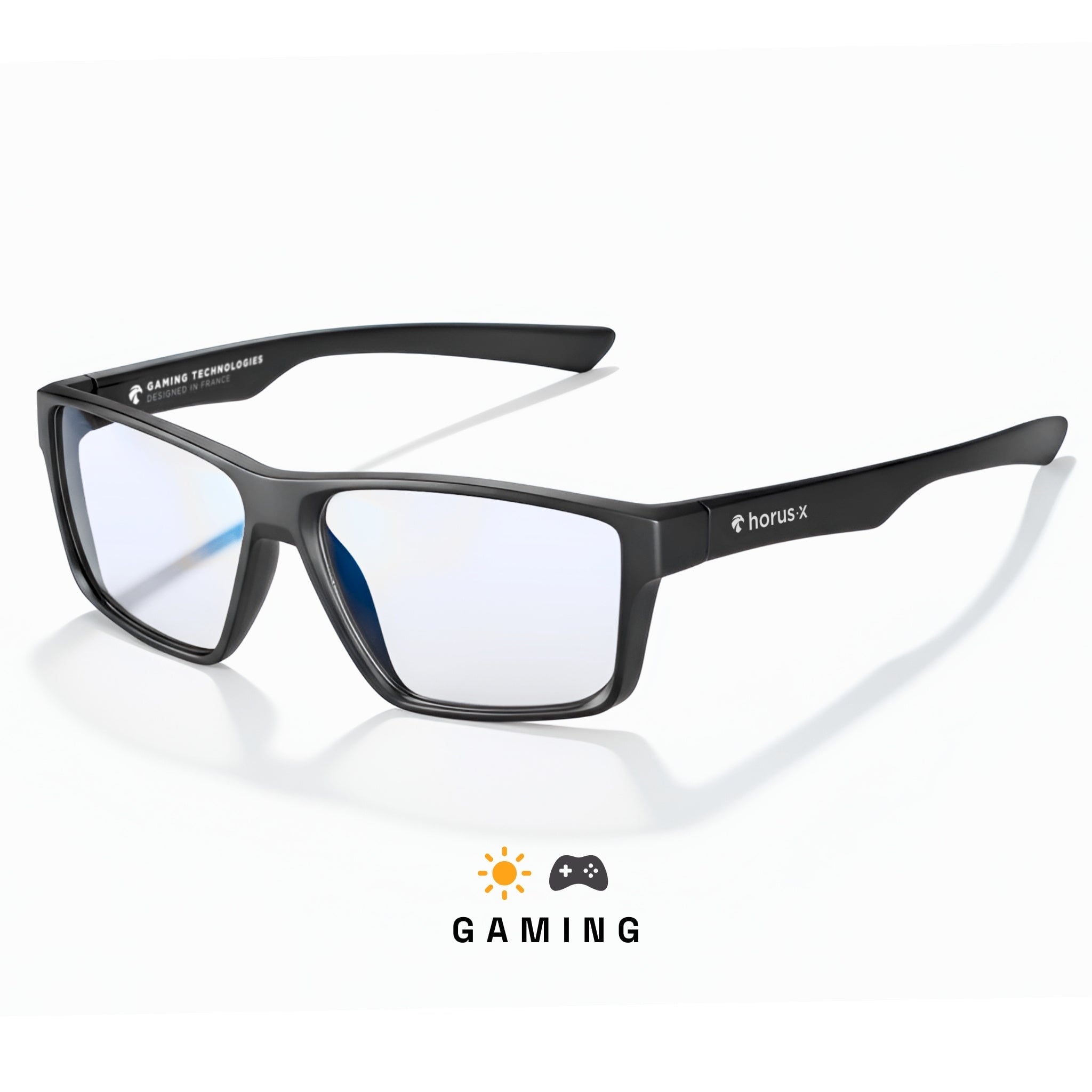 Lunettes gaming one anti lumière bleue  avec verres clairs Horus X sur fond blanc