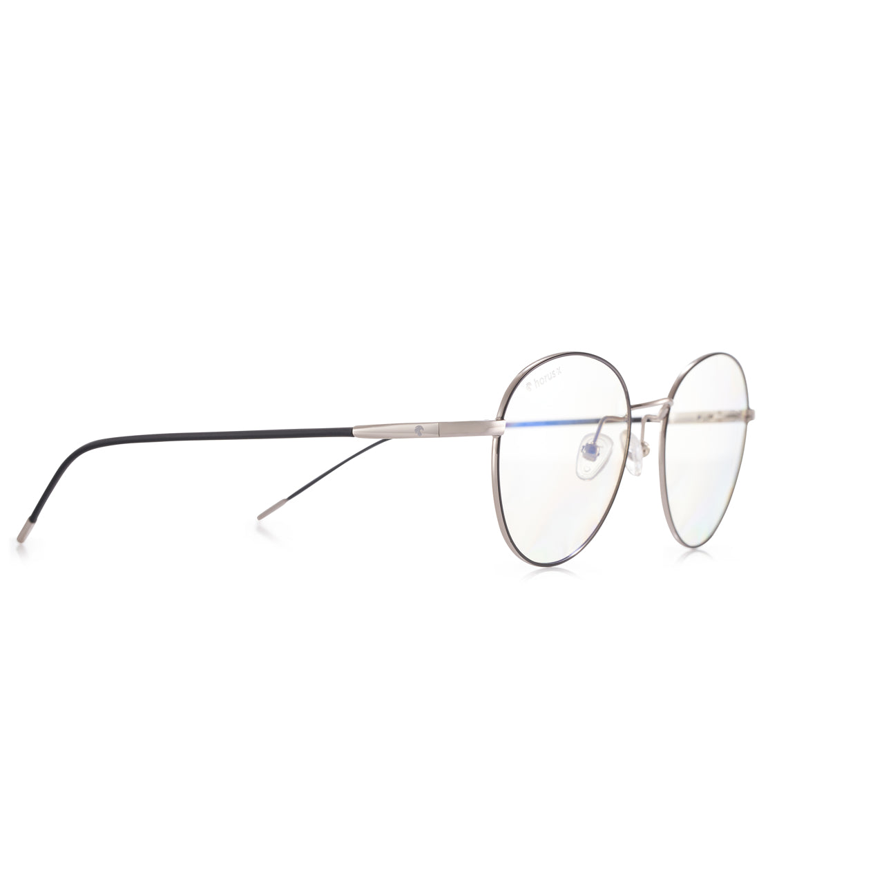 Lunettes anti lumière bleue rondes aux branches marrons, en métal argenté, de profil droit sur fond blanc. 